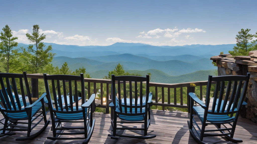 Scenic mountain range view from wood deck