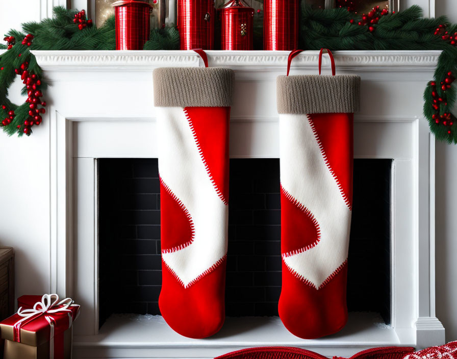 Red and White Christmas Stockings on Mantelpiece with Festive Decorations