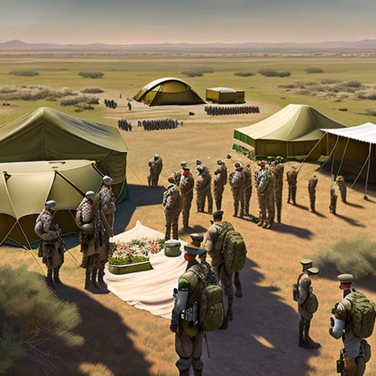 Military personnel in desert encampment near tents and table.