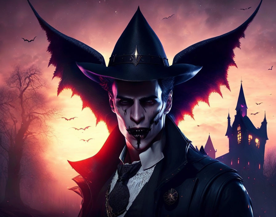 Male figure with vampire fangs in witch hat, bats, spooky castle, and trees.