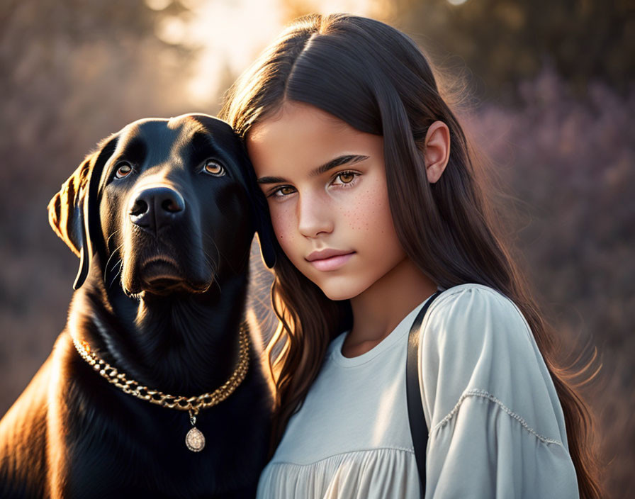 Young girl with long brown hair and black dog in outdoor portrait.