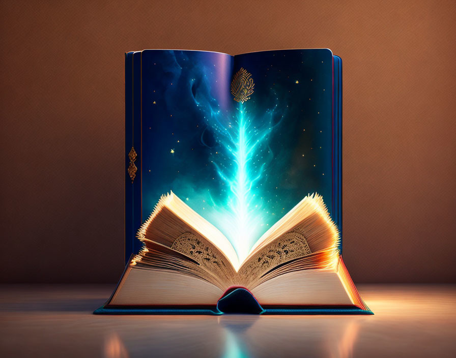 Glowing open book with space-themed illustrations and mystical light beam