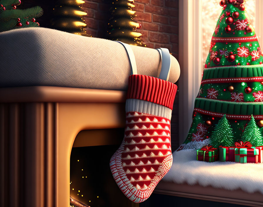 Red and White Christmas Stocking on Mantelpiece with Tree and Gifts