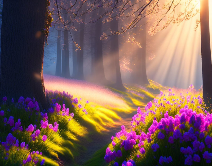 Serene forest scene with sunlight, purple flowers, and green grass