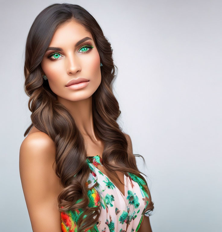 Woman with green eye makeup and floral dress gazing away.