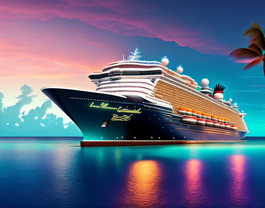 Large cruise ship near beach at sunset with blue and pink sky, palm tree silhouette