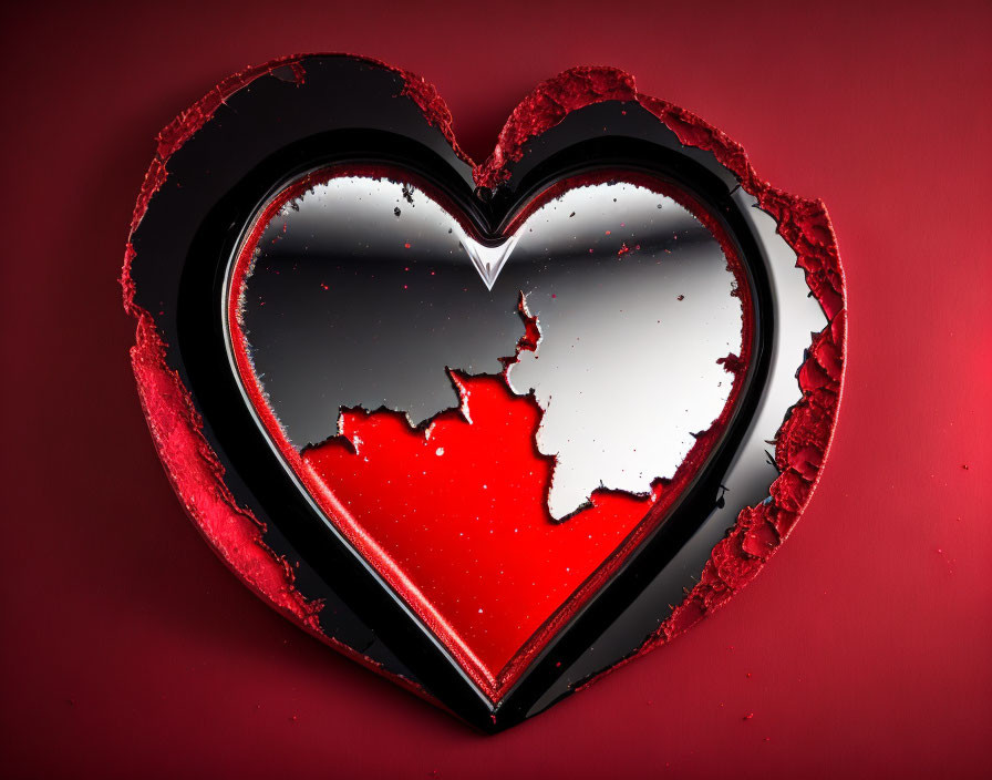 Shattered black heart-shaped object on red backdrop with reflective surface