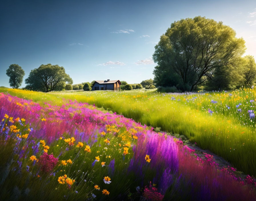 Scenic landscape with small house, wildflowers, blue sky, fluffy clouds, and green trees