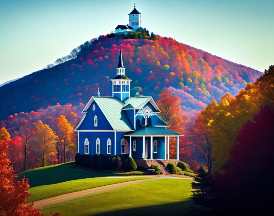 Blue Church Surrounded by Autumn Trees and Rolling Hills