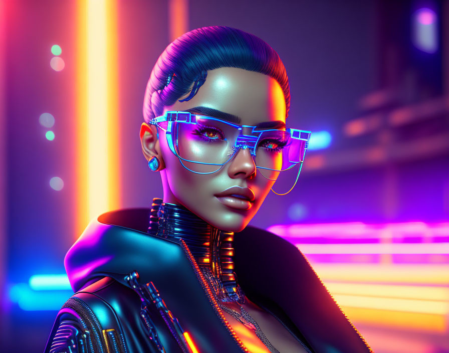 Futuristic woman with blue-tinted glasses and intricate braids in neon-lit setting