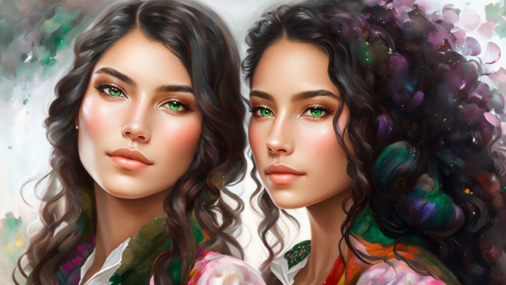 Vibrant digital art featuring twin women with green eyes and cosmic-themed hair and clothing.