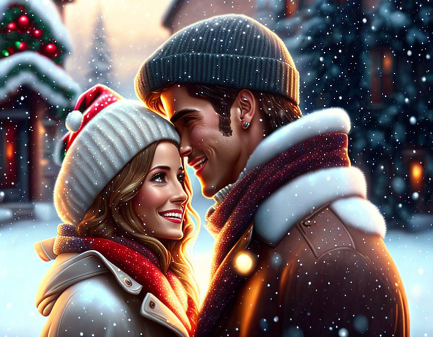 Close-Up Winter Couple Illustration with Snow and Festive Lights