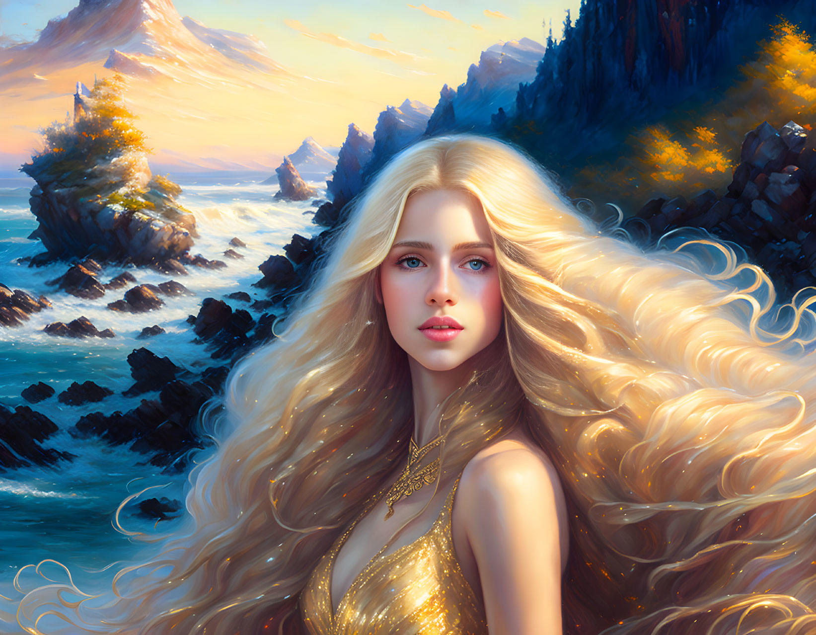 Fantasy portrait of woman with golden hair against mountain backdrop