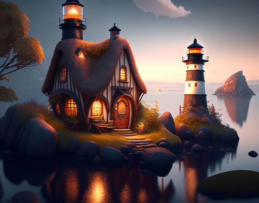 Whimsical cottage-lighthouse fusion beside traditional lighthouse at twilight