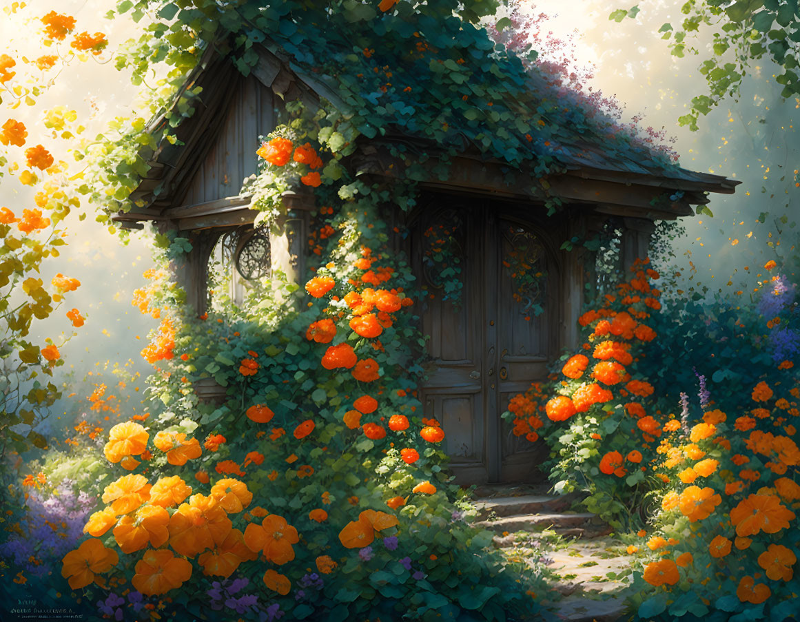 Wooden cottage with orange flowers and green foliage in soft sunlight