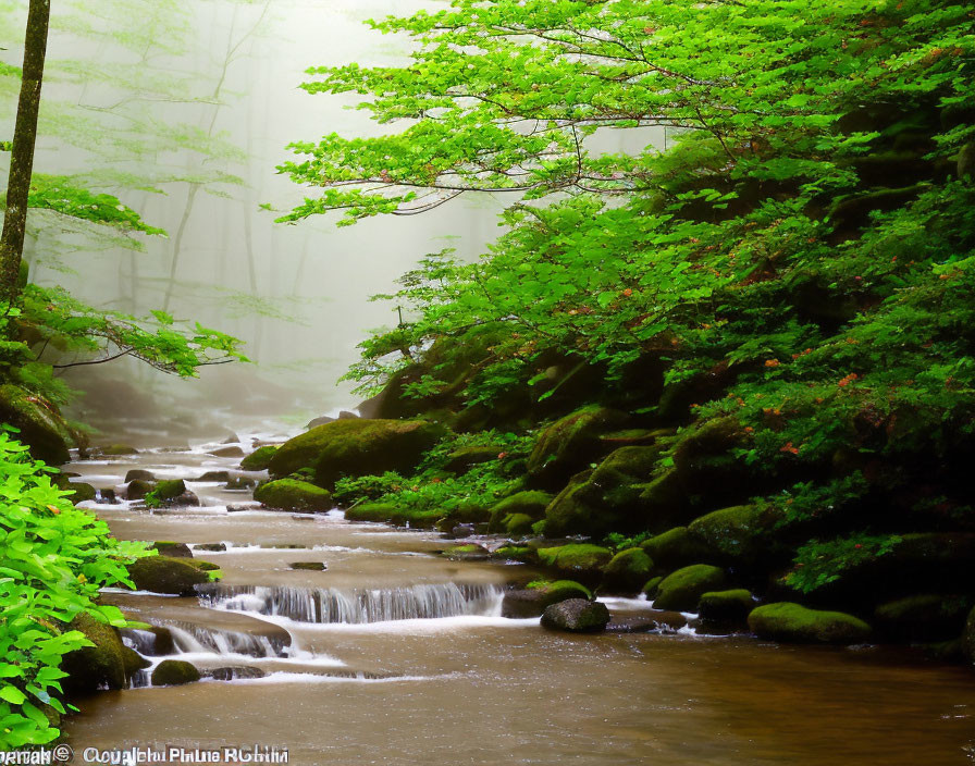 Tranquil Forest Landscape with Waterfall and Green Foliage