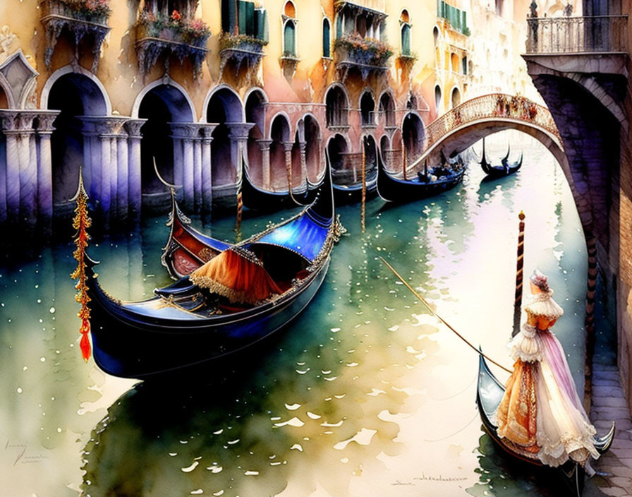 Venetian canal watercolor with gondolas and elegant figure by bridge