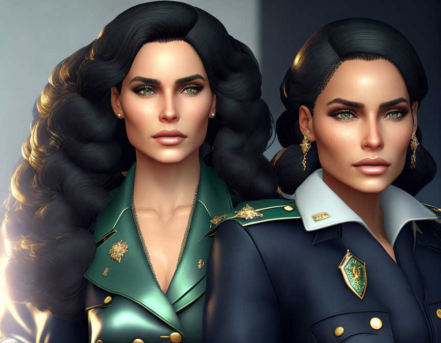 Two women in military-style uniforms with dark hair and green eyes against grey backdrop