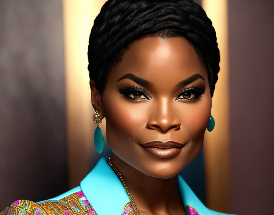 Digital illustration of woman with braided hair, bold makeup, gold earrings, turquoise blouse, African print