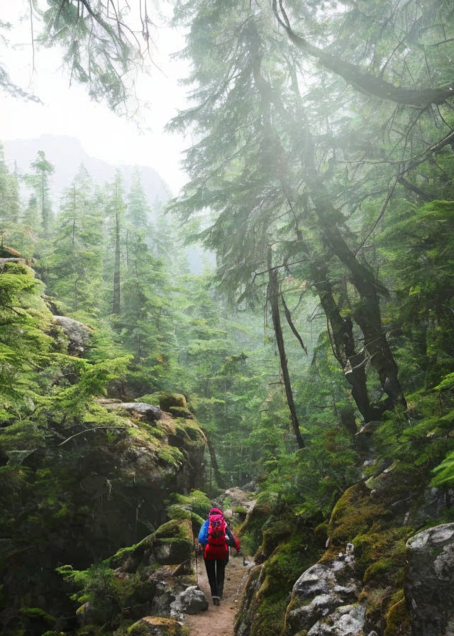 Hiker with red backpack on forest trail among green trees and moss-covered rocks