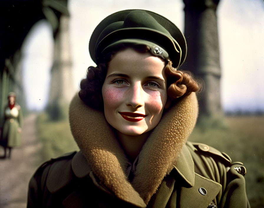 Vintage military uniform woman smiling under a large bridge with another figure