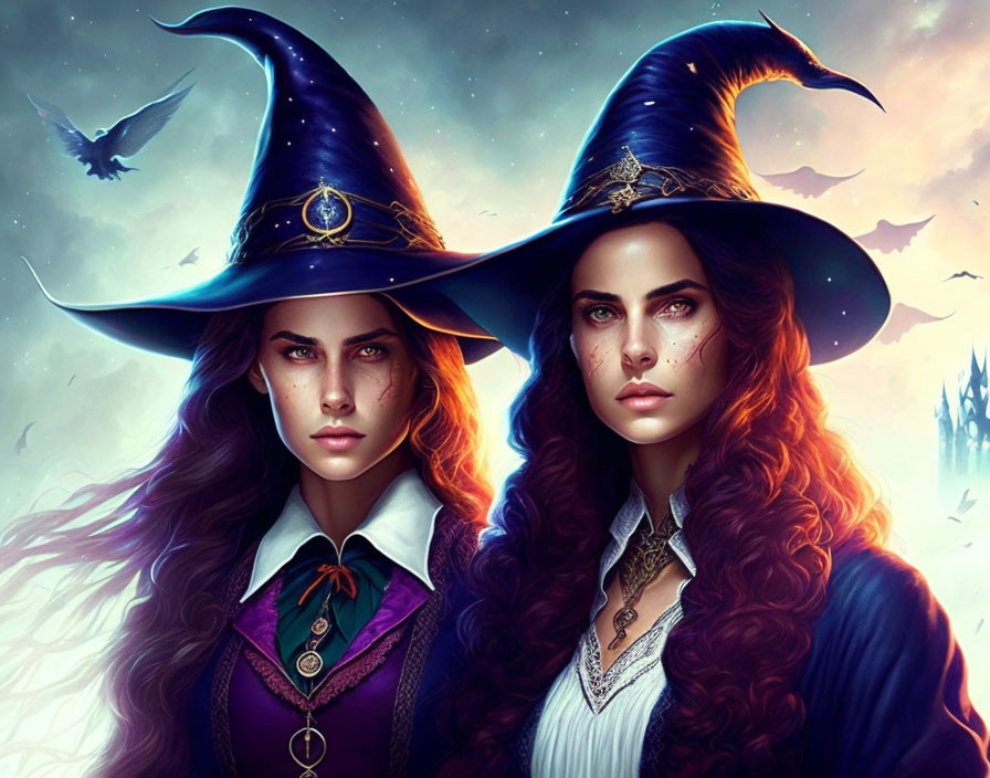 Two witches with pointed hats and intense gazes under a twilight sky with flying bats