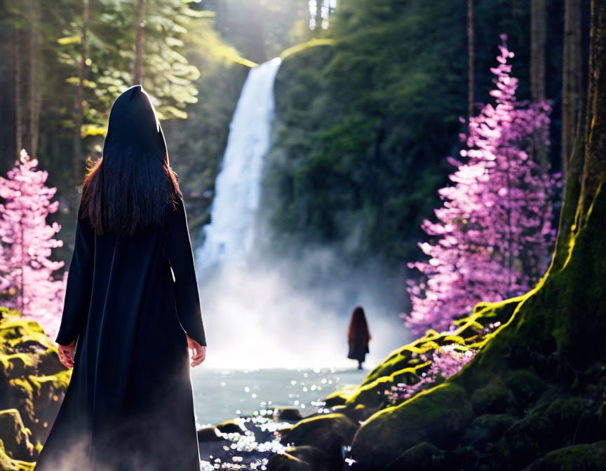 Figure in black cloak in lush forest with pink trees, looking at sunlit waterfall