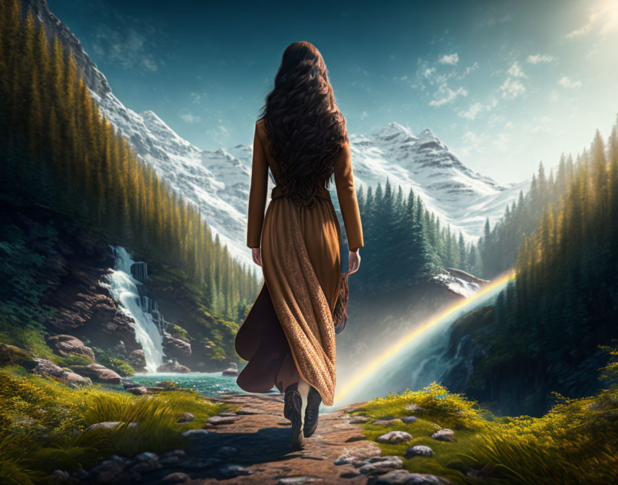 Woman in Brown Dress Walking Towards Waterfall with Rainbow in Mountain Valley