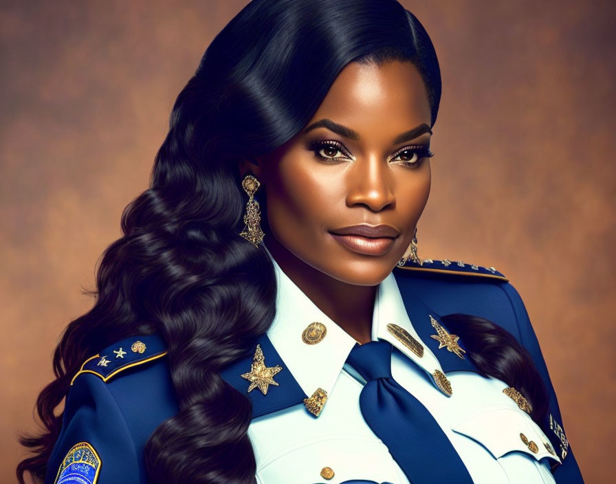 Decorated police woman with polished hairstyle in uniform against warm background