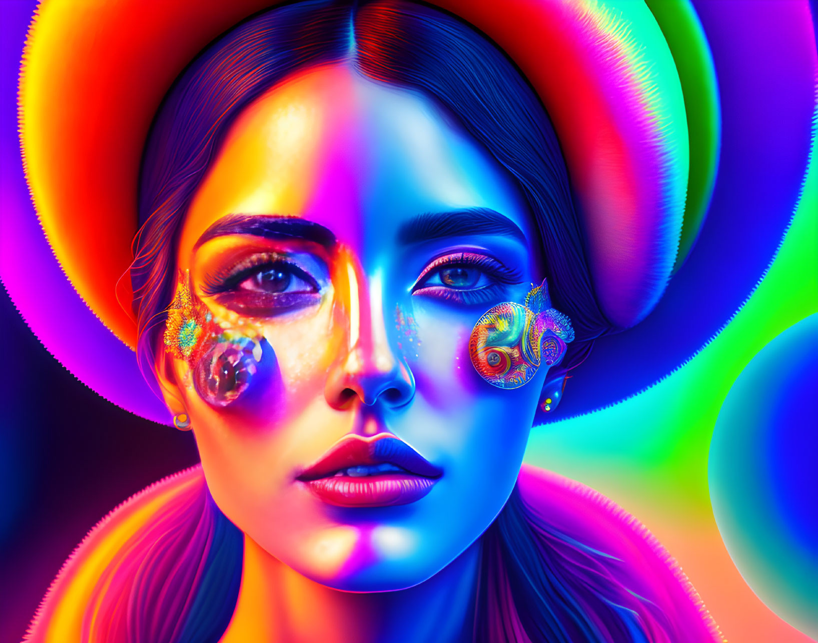 Colorful digital artwork of woman with neon skin tones and psychedelic swirls