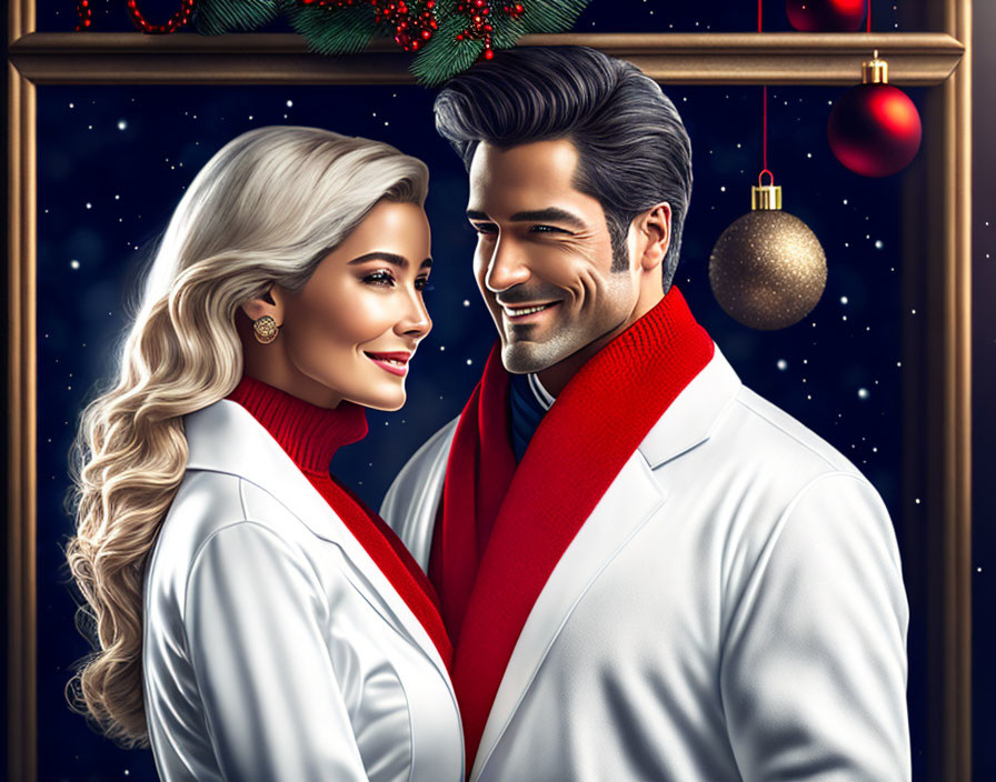 Smiling couple in white outfits with red scarves on festive Christmas background