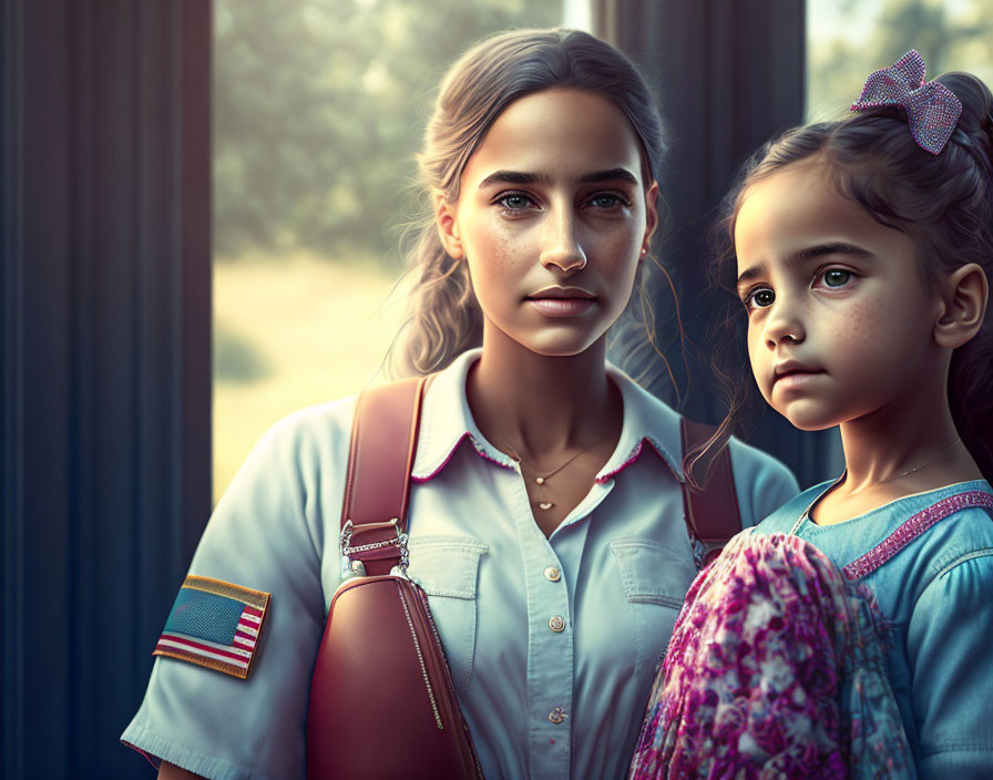 Mother and daughter standing together, one in a shirt and bag, the other with a bow in her