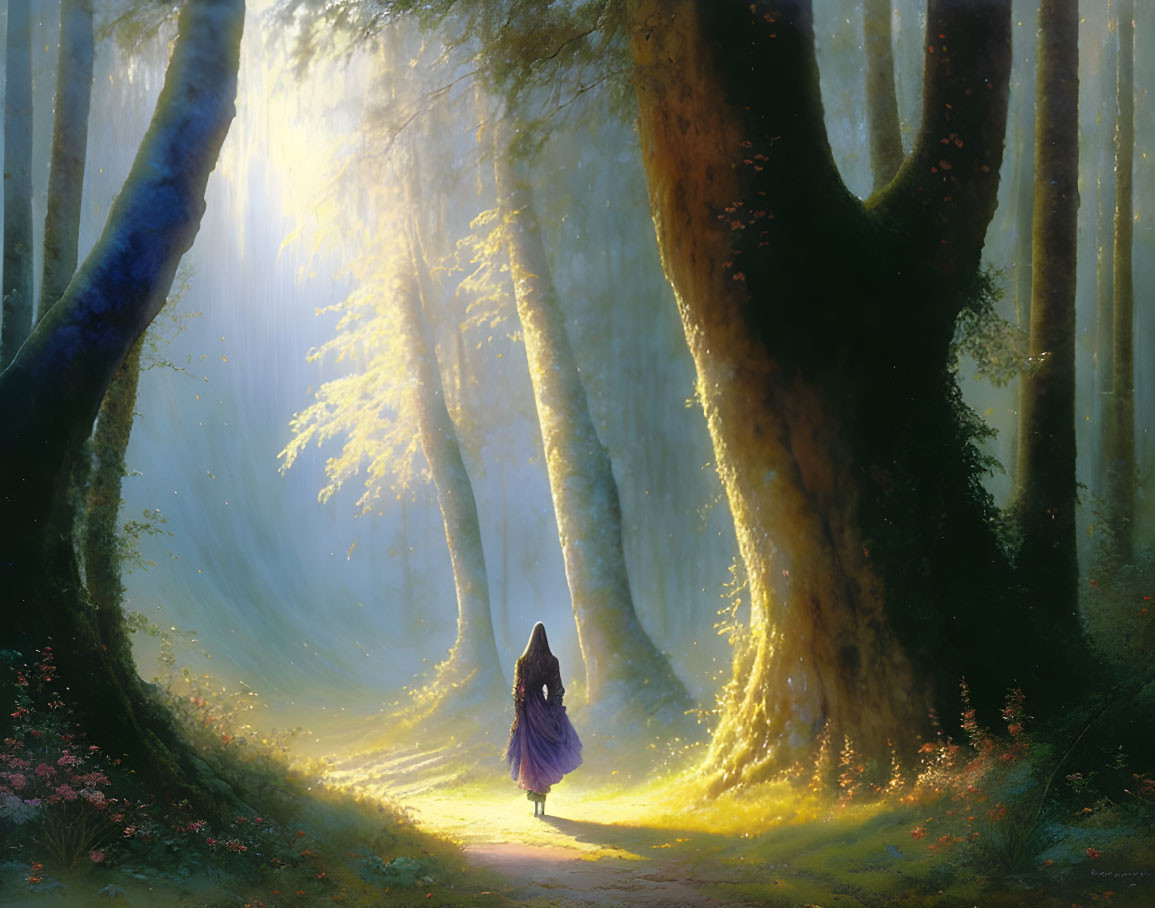 Cloaked figure in ethereal forest with towering trees and sunlit path