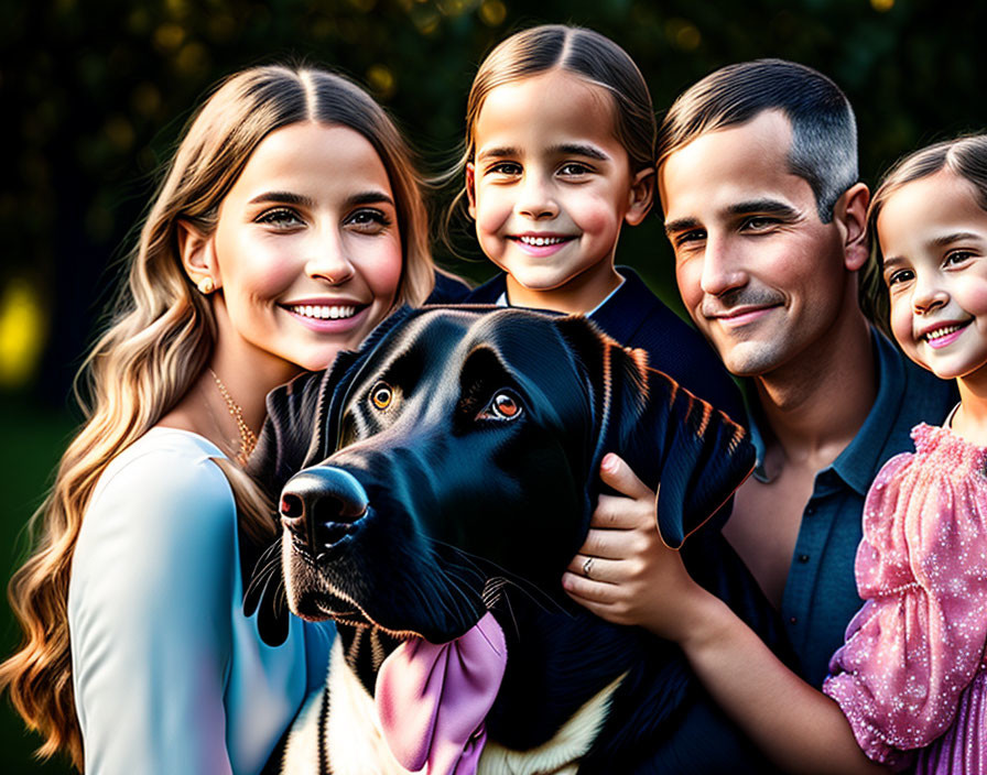 Happy family with children and dog in sunny outdoor portrait