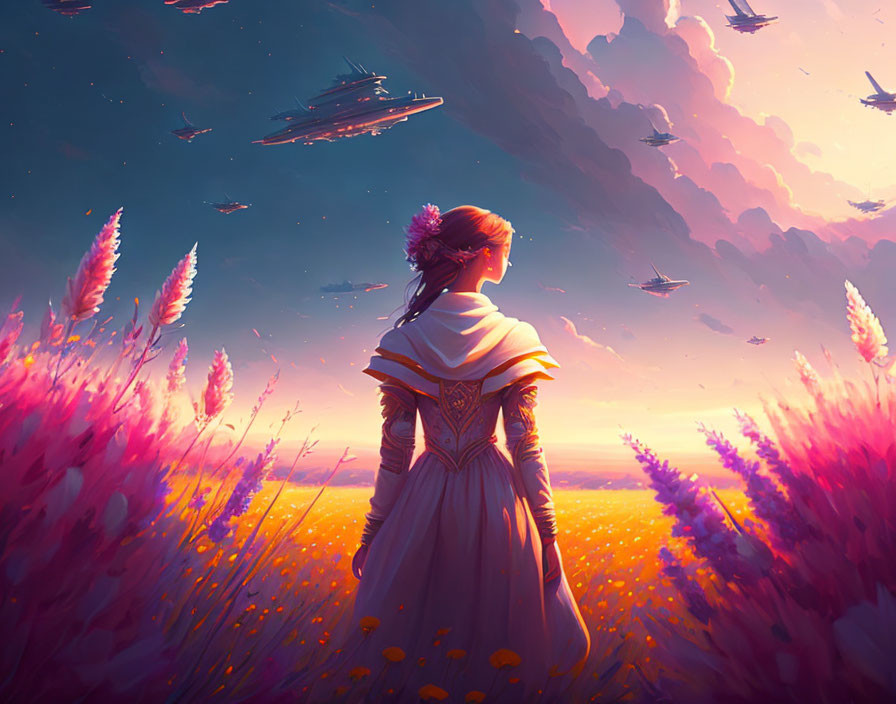 Medieval woman in orange flower field under pink sunset sky