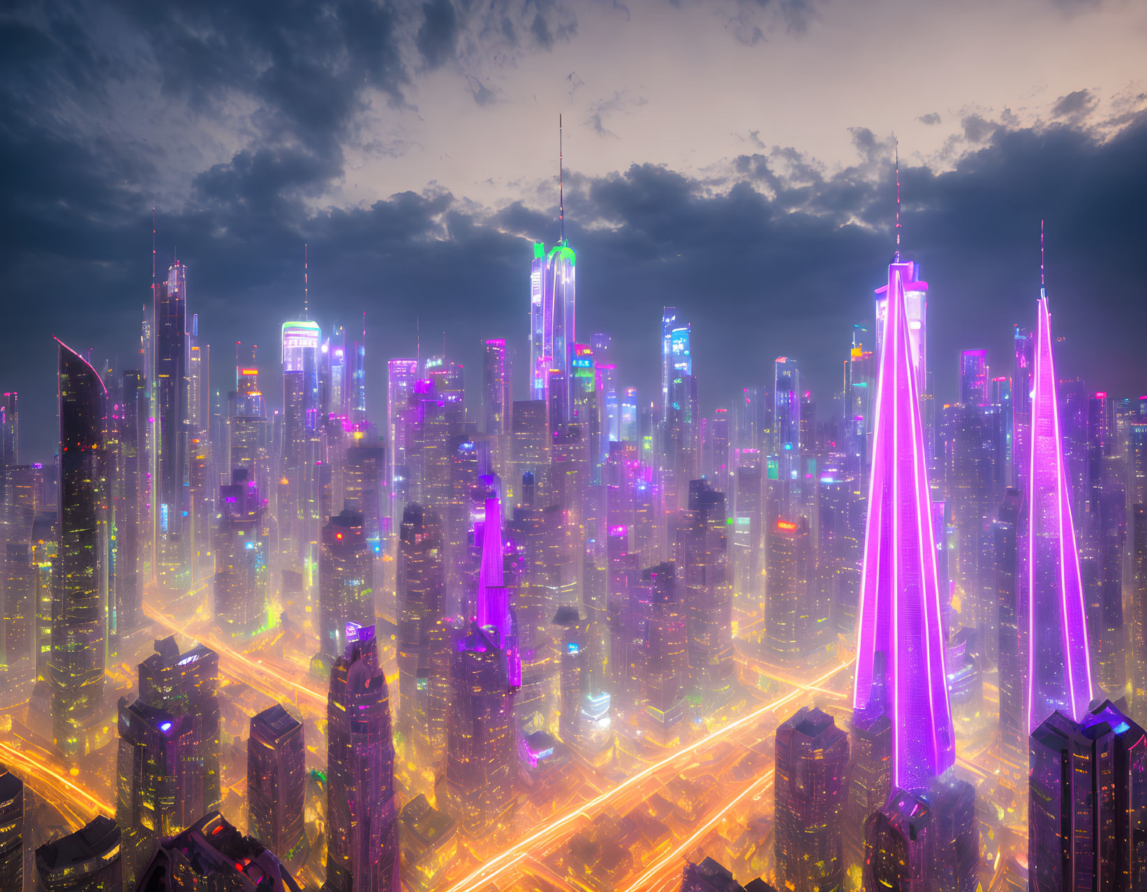 Vibrant futuristic cityscape at twilight with radiant skyscrapers and neon lights