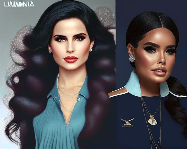 Stylized digital portraits of women with elaborate hair and makeup in different outfits