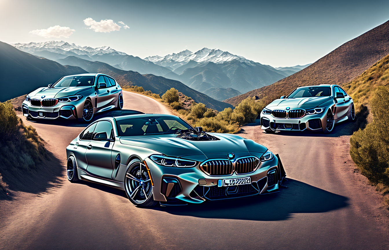 Three BMW cars on mountain road at sunset with background mountains