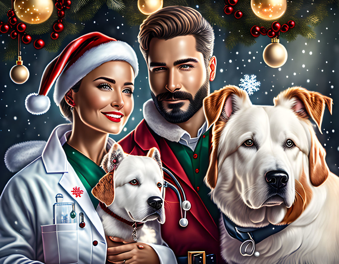 Festive Christmas illustration with couple, dogs, lights, ornaments