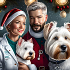 Festive Christmas illustration with couple, dogs, lights, ornaments