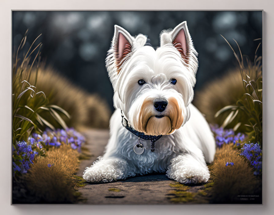 West Highland White Terrier Resting Among Purple Flowers on Path