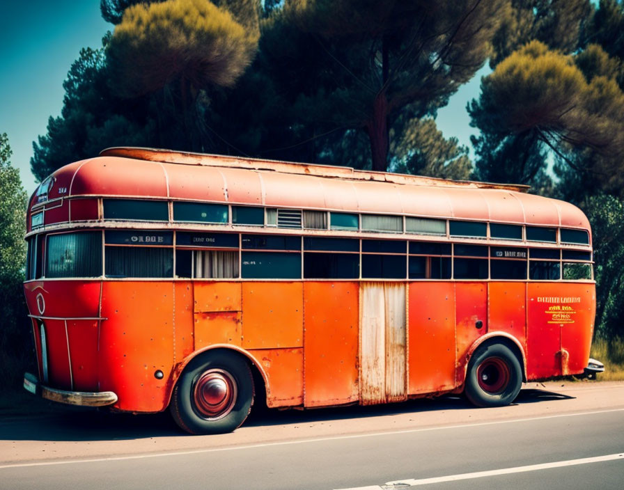 Vintage Red Bus Parked Near Road with Trees on Sunny Day