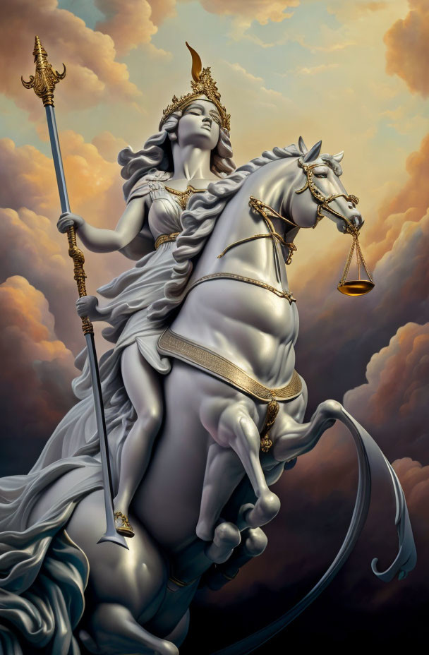 Regal statue of woman with crown, spear, and scales on ornate horse against cloudy sky