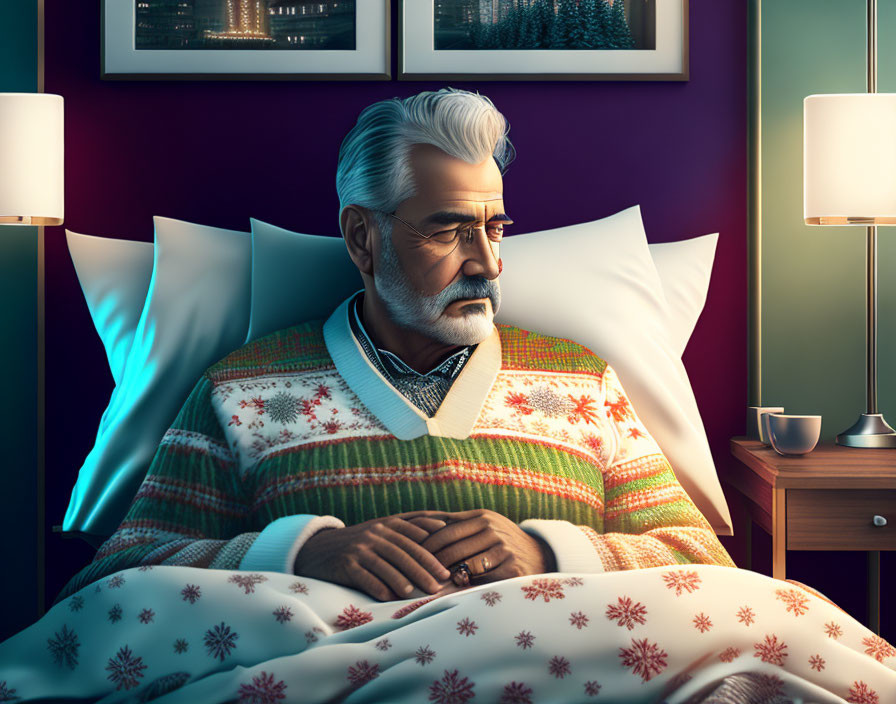 Elderly man with gray hair and beard in bed with pillows and blanket