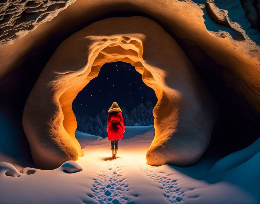 Person in Red Coat Standing at Snow-Covered Cave Entrance at Night