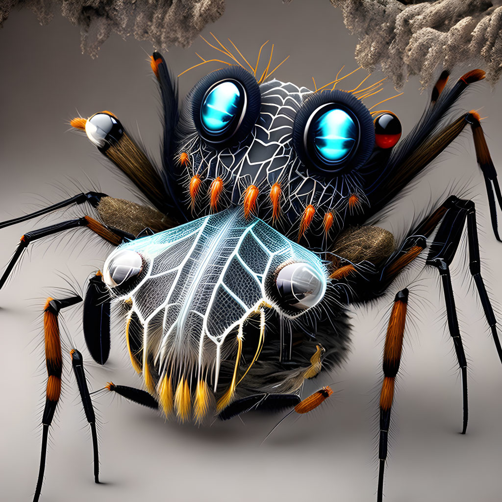 Vibrant digital spider art with exaggerated features