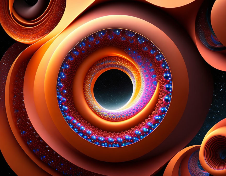 Abstract orange spirals with glowing blue edges on dark background