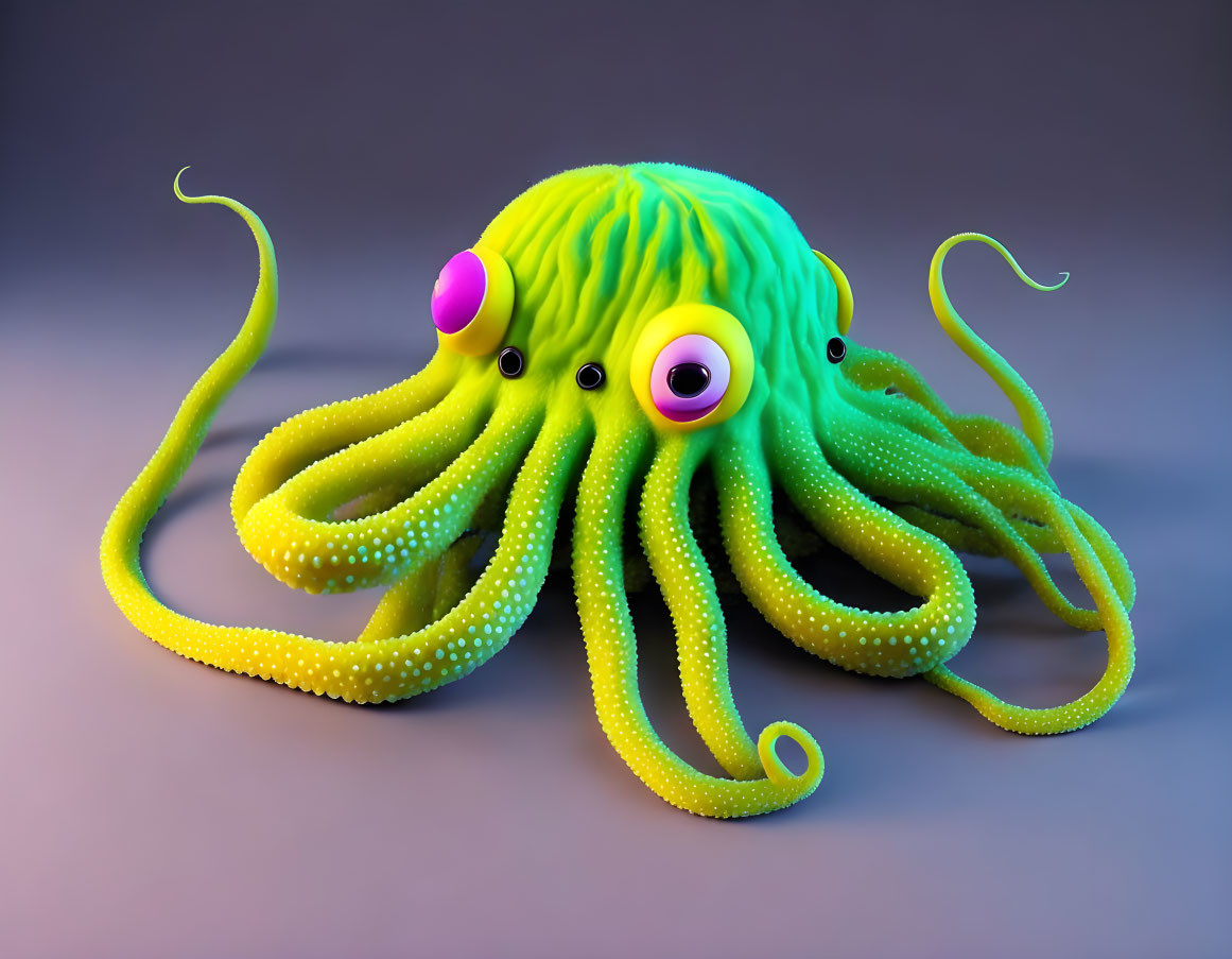 Colorful 3D illustration of stylized octopus with green skin and yellow suction cups