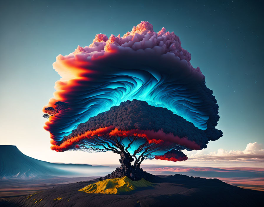 Surreal landscape with tree morphing into cloud formation