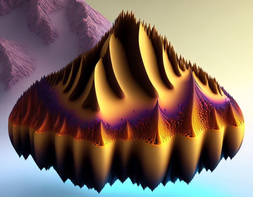 Surreal digital artwork: Brown and gold peak-like landscape on blue and pink gradient